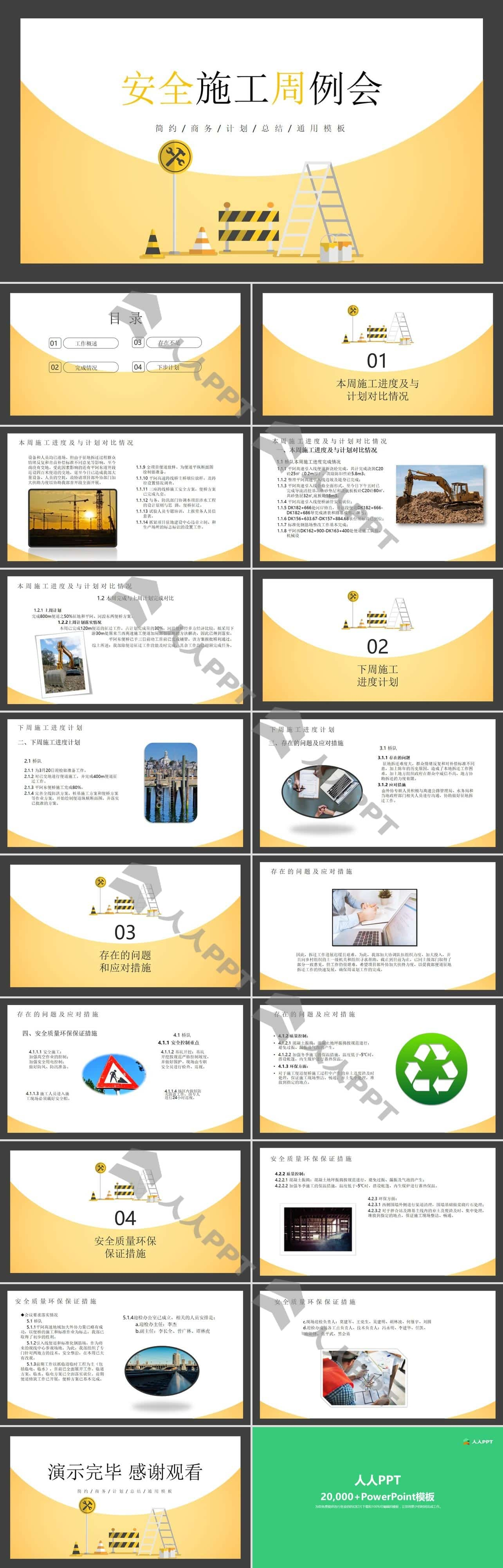 黄色安全质量环保施工周例会PPT模板长图