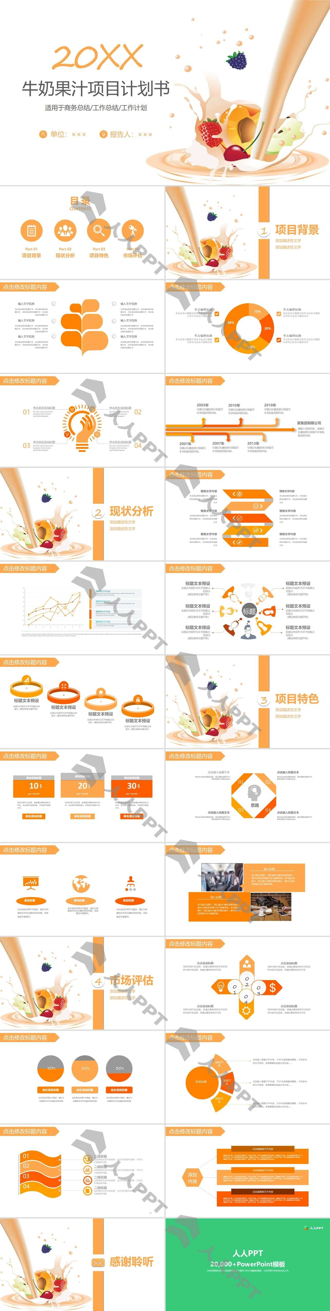 橙色牛奶果汁项目计划书PPT模板长图