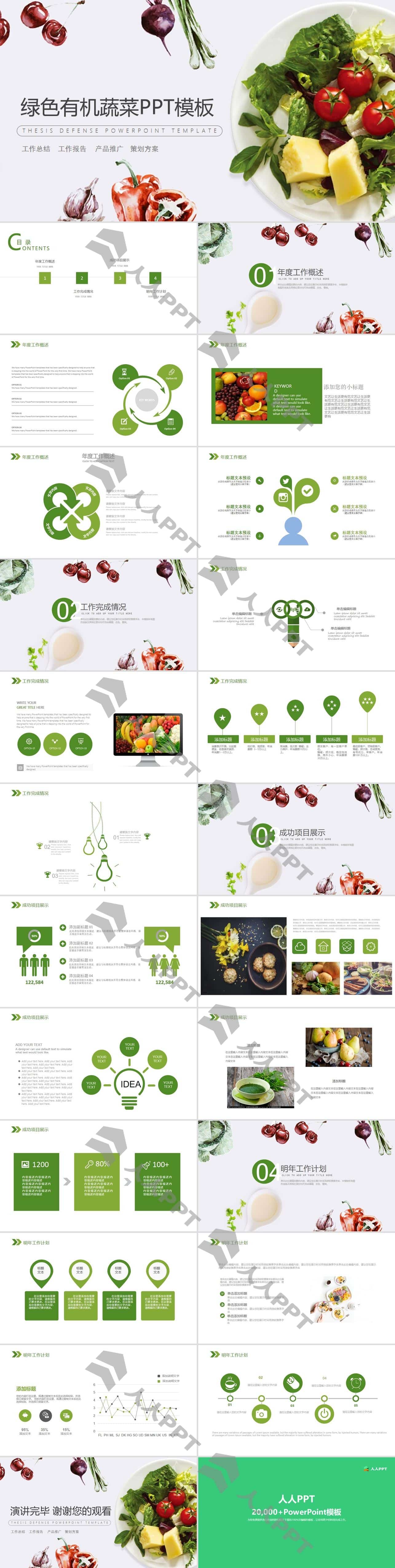 绿色有机蔬菜行业总结汇报PPT模板长图