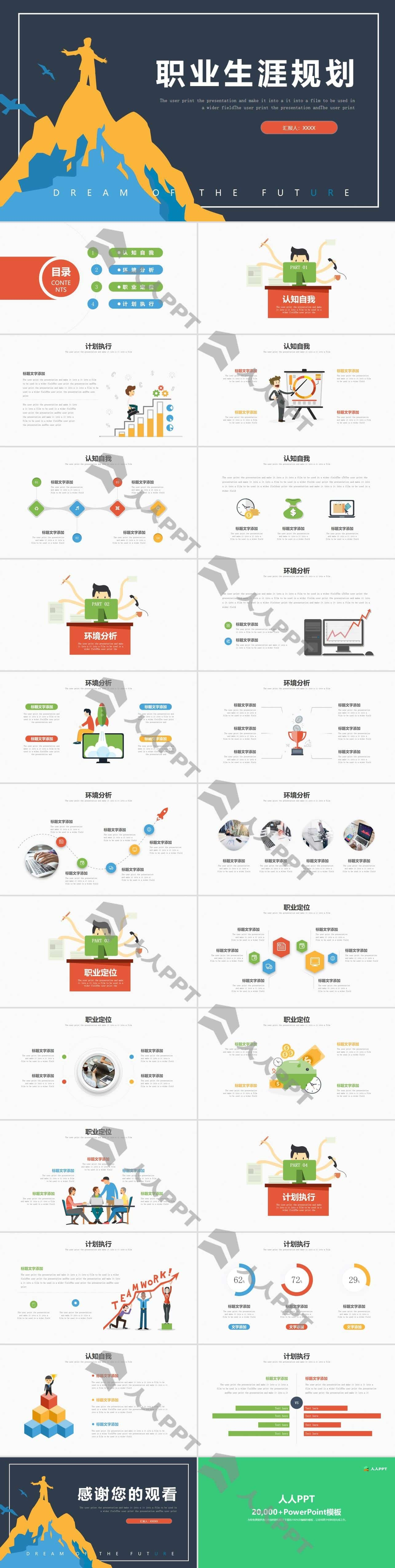 卡通矢量图扁平化职业生涯规划PPT模板长图