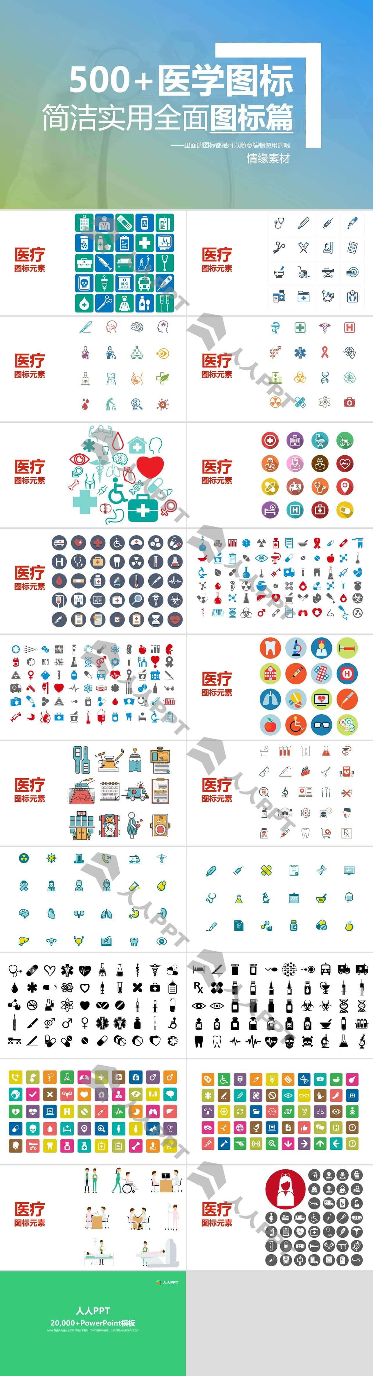 500+扁平化医学医生医疗生物PPT图标长图