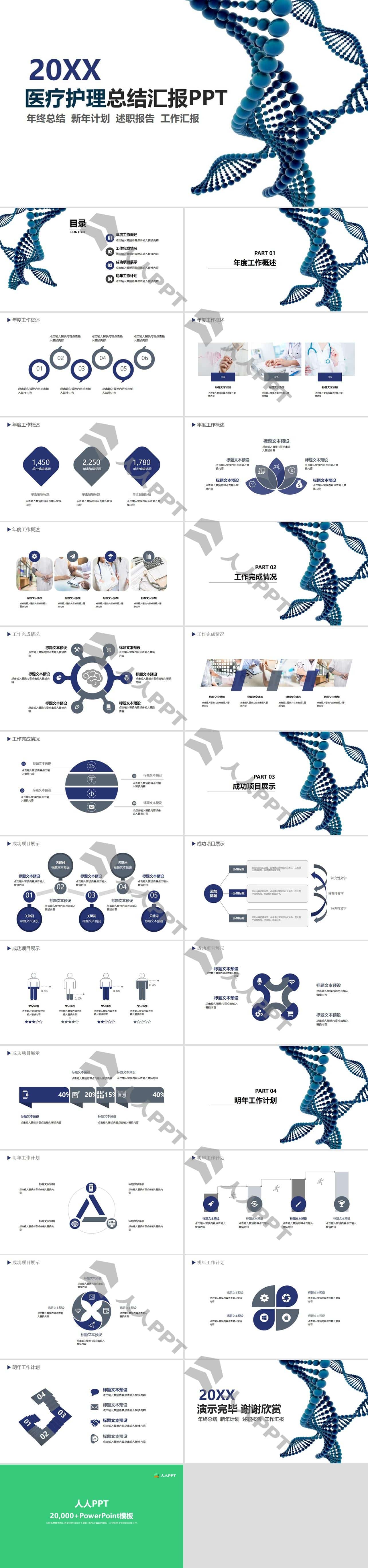 蓝色螺旋基因3D图医疗护理汇报PPT模板长图