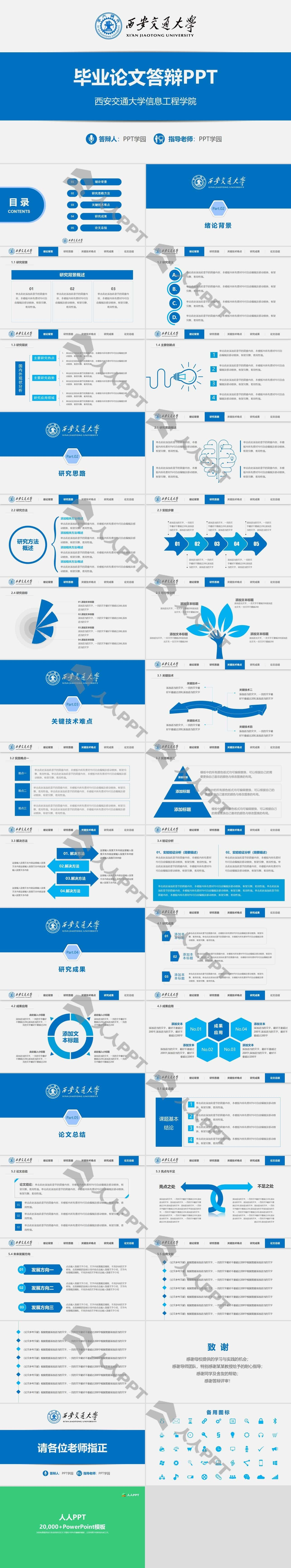 西安交通大学信息技术学院蓝色扁平化毕业论文答辩PPT模板长图
