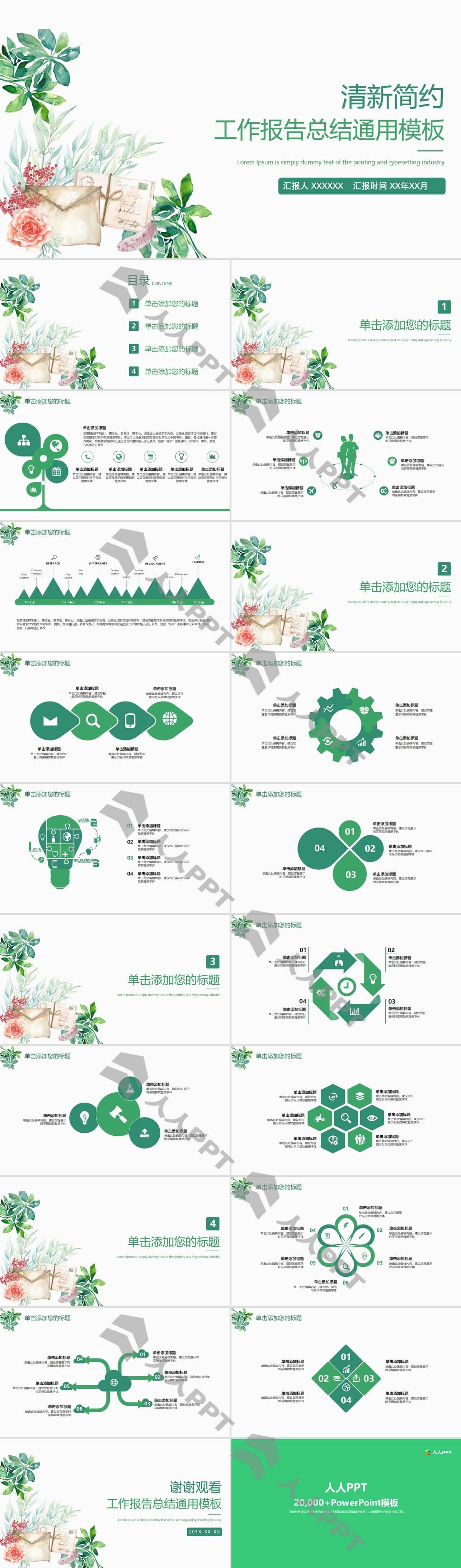 绿色清新简洁工作报告总结PPT模板长图