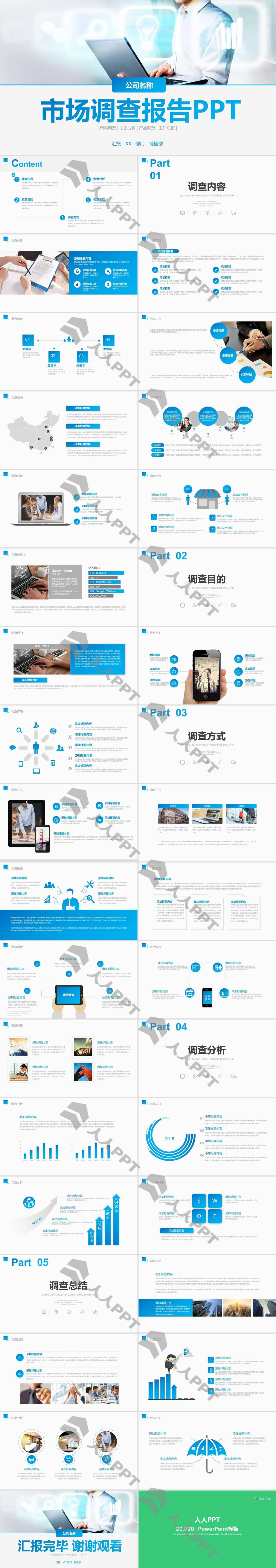 蓝色商务风格市场调查报告PPT模板长图