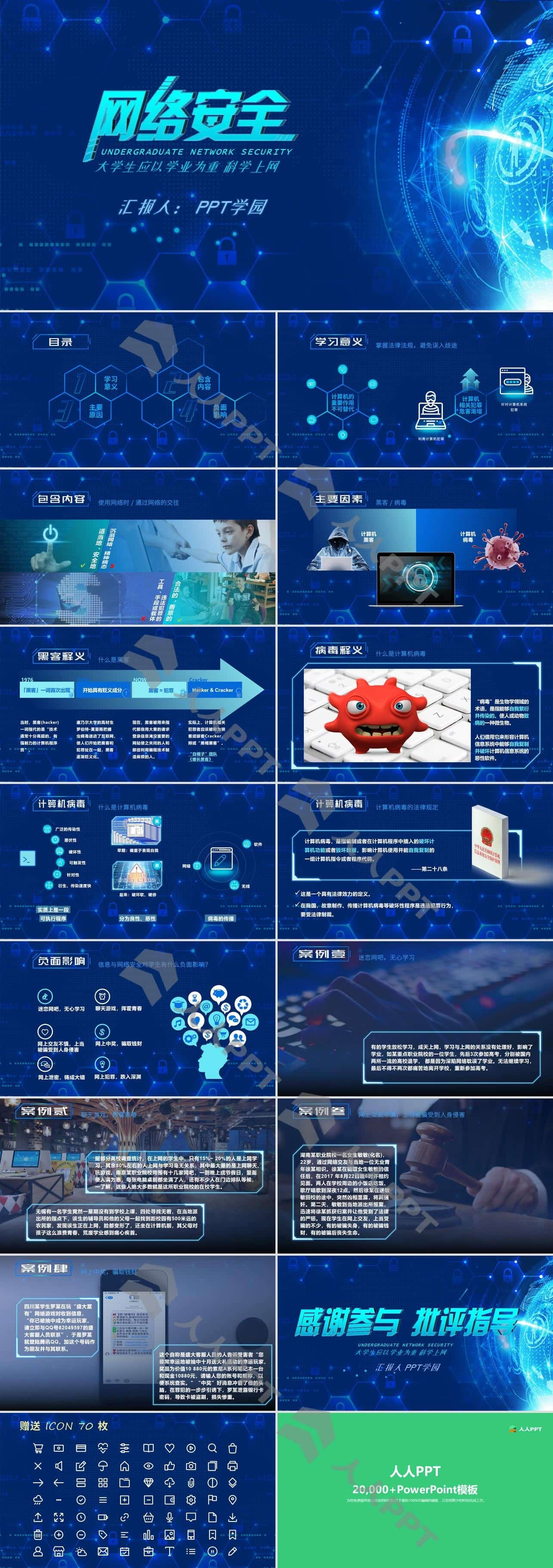 蓝色科技风格网络安全教学通用科技风静态PPT模板长图