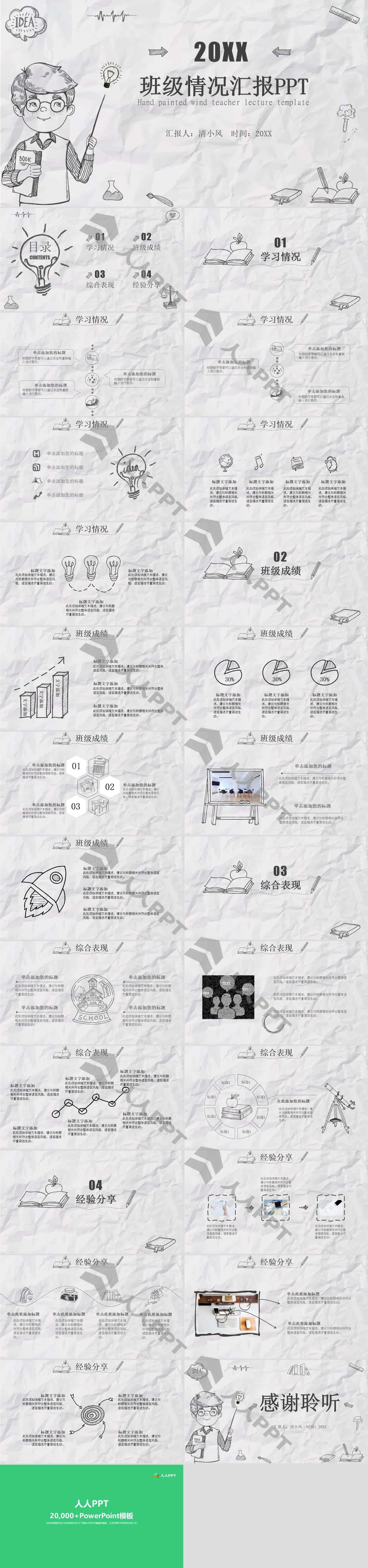 灰色手绘班级情况汇报PPT模板长图