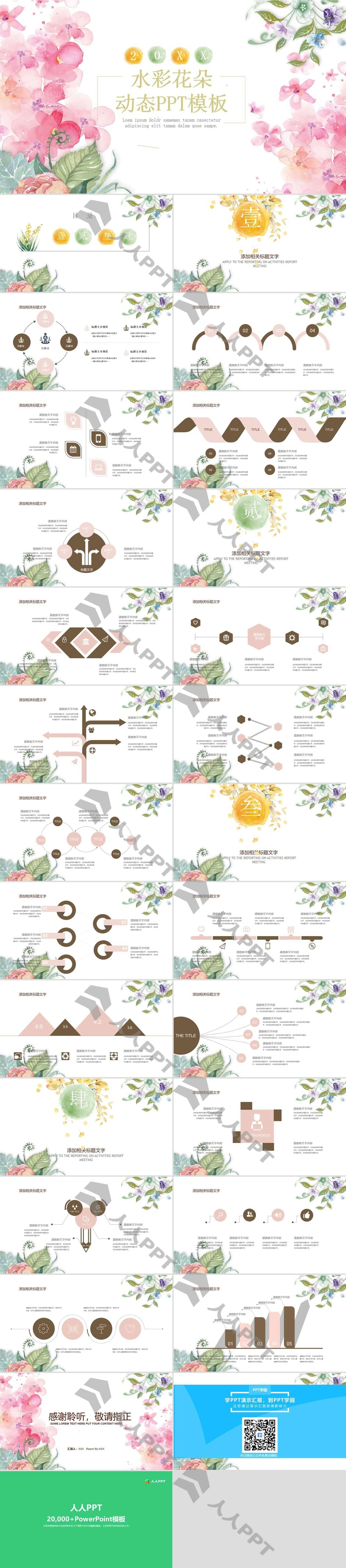 水彩花朵植物介绍动态PPT模板长图