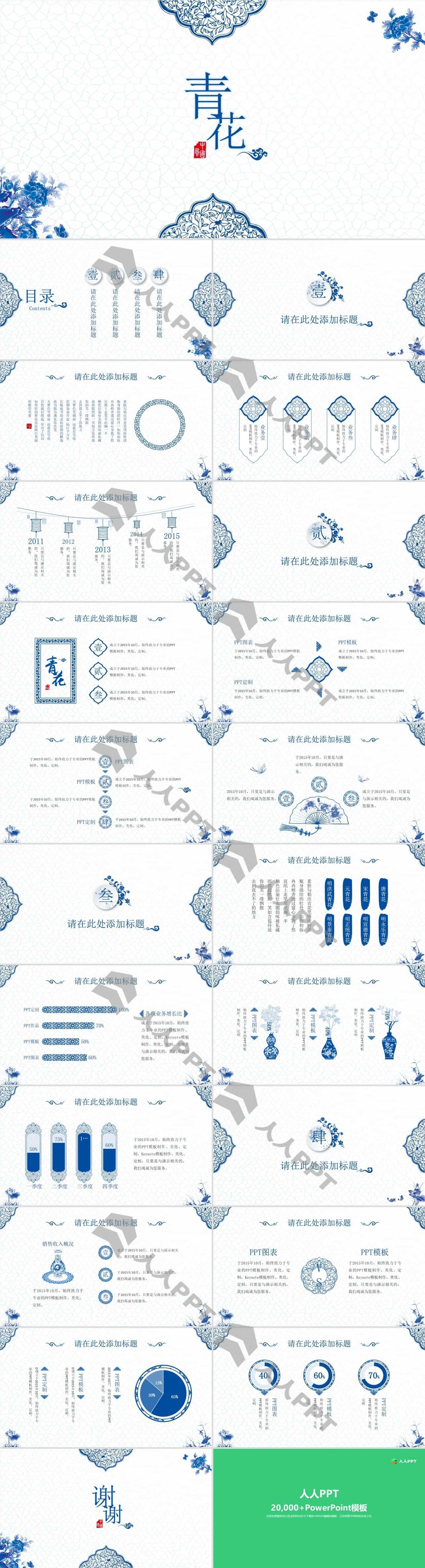 精美中国风青花瓷PPT模板长图