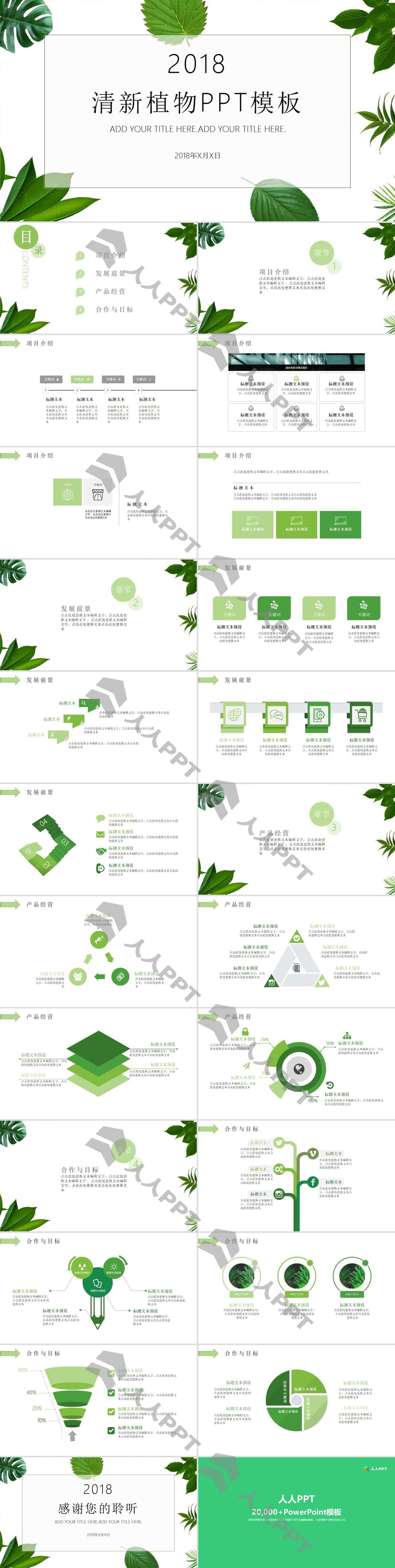 清新绿叶绿色植物PPT模板长图