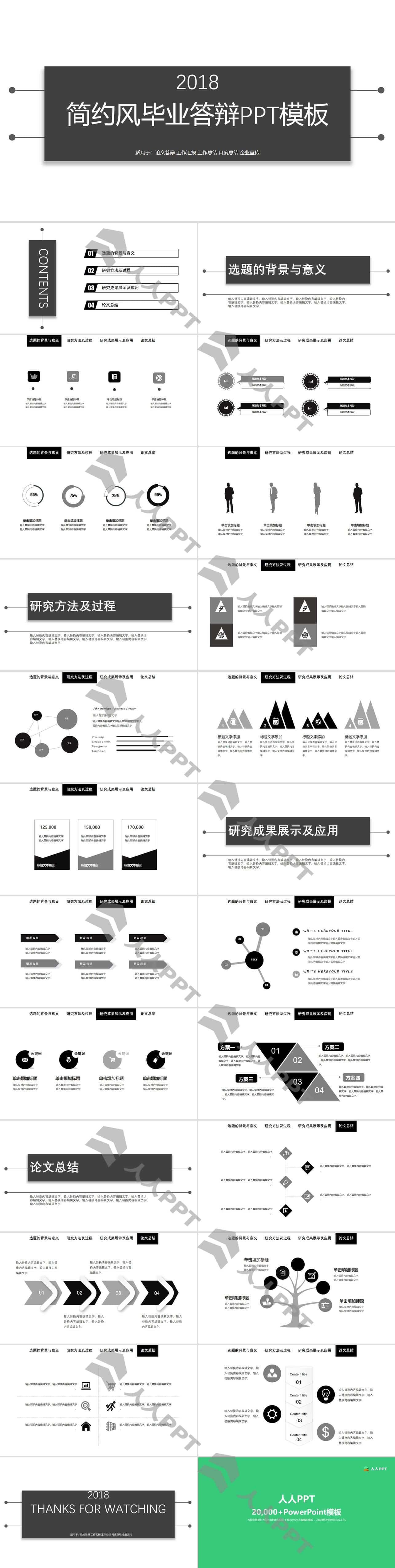 简洁黑白论文答辩PPT模板长图