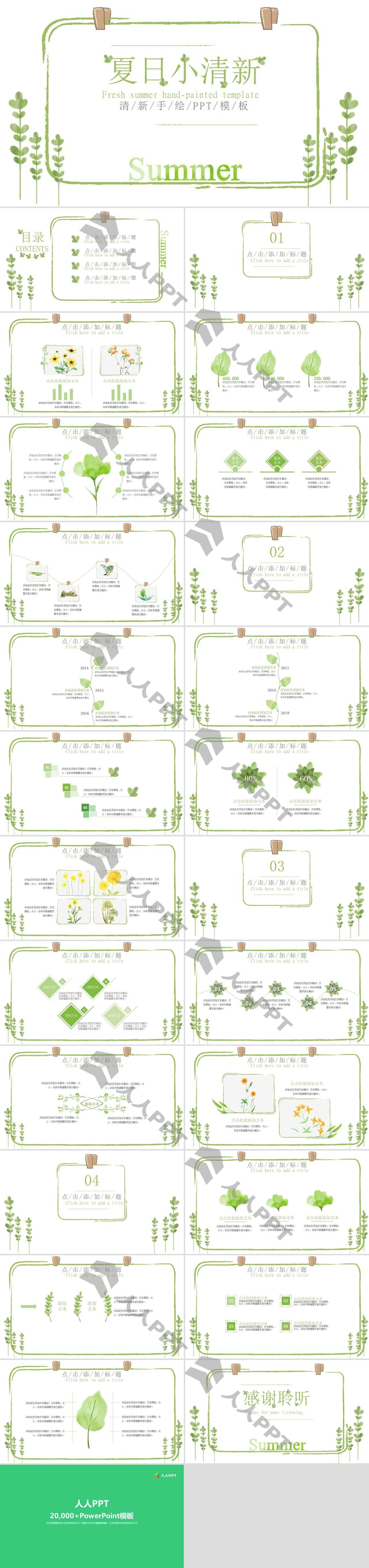 夏日小清新绿色植物PPT模板长图