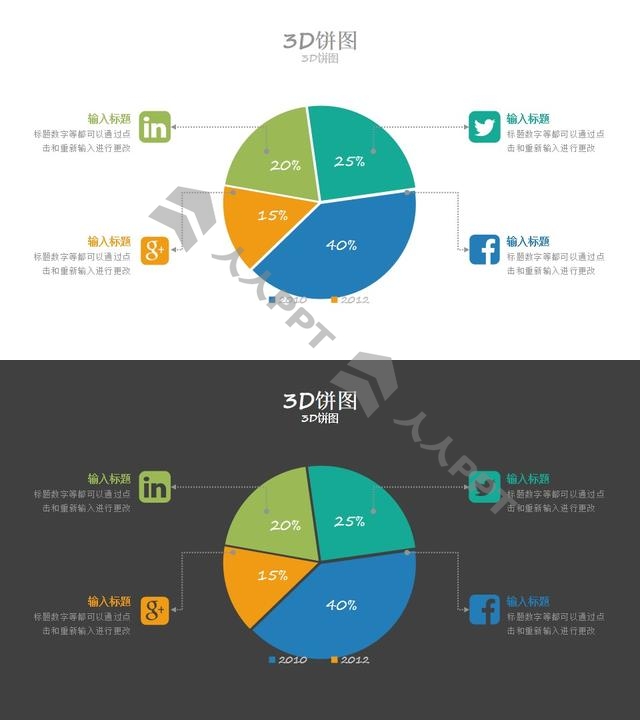 多彩配色，漂亮立体，数据可excel编辑的动态饼图PPT模板长图