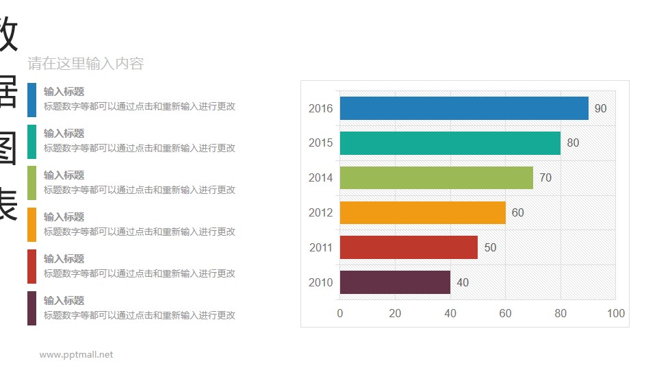 六个彩色条形纵向排列的数据图表PPT模板