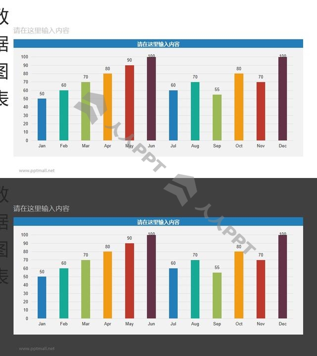 以月份为单位的彩色条形图扁平化动态PPT模板长图