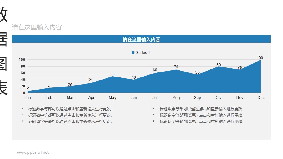 以月份为单位的蓝色面积图动态PPT图表