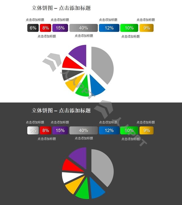 立体饼图——7部分相分离的饼状图+文本框PPT模板素材长图