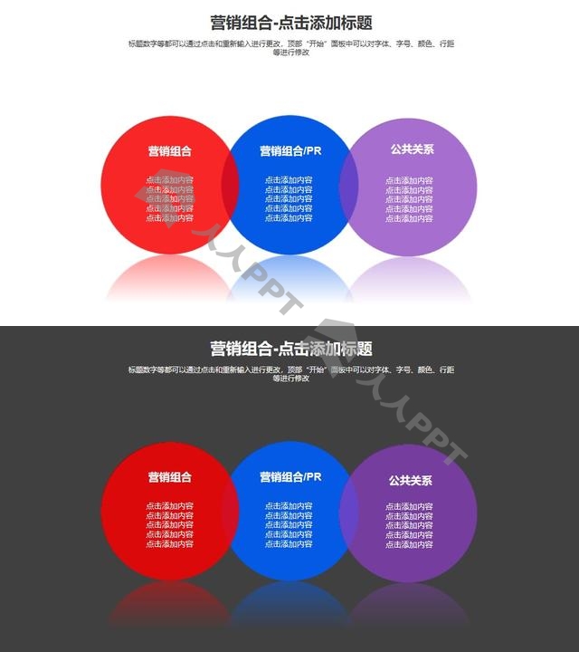 营销组合——三个并列的半透明圆形PPT模板长图