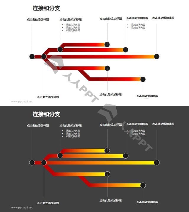 连接与分支——横向的树状结构图PPT模板素材长图