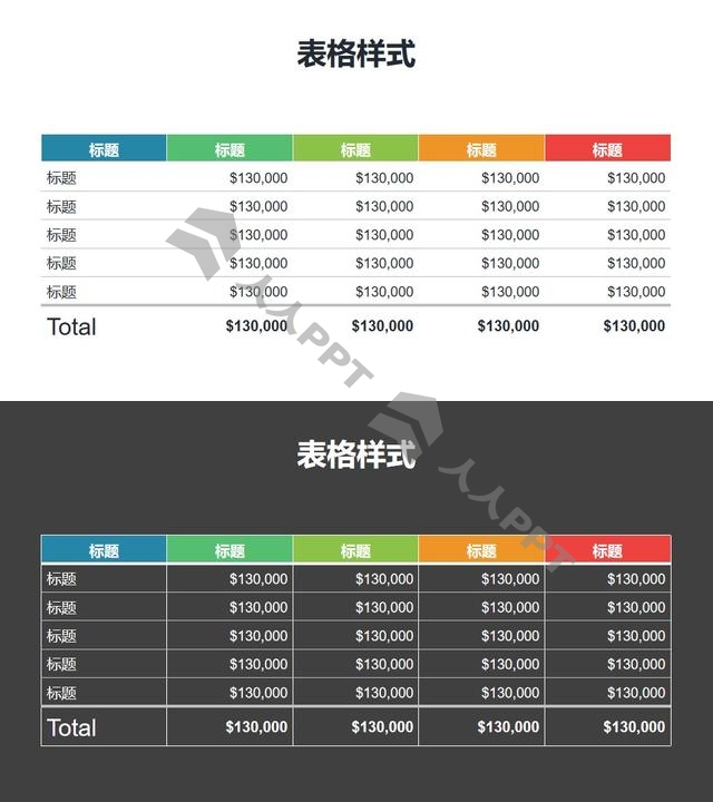 彩色表头的PPT表格模板长图