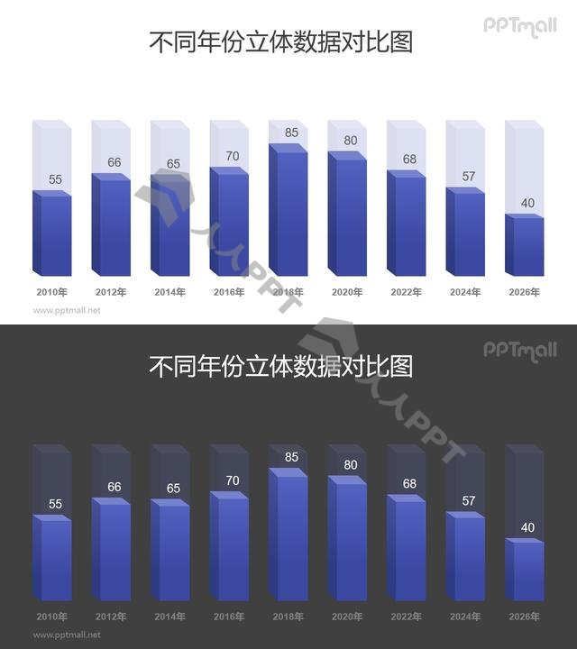 紫色半透明的立方体柱状图PPT模板素材长图