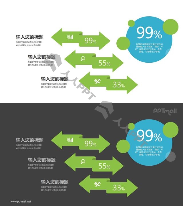 三个双向箭头总分关系PPT模板图示长图