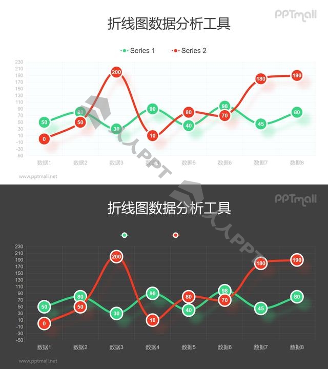 个性突出标记点的红绿平滑折线图PPT素材长图