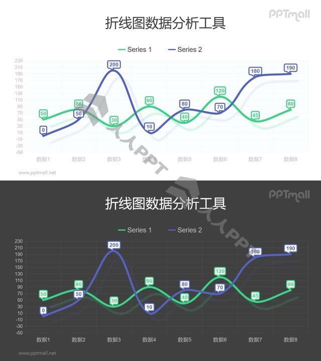 紫色和绿色带气泡标记的平滑折线图PPT素材长图