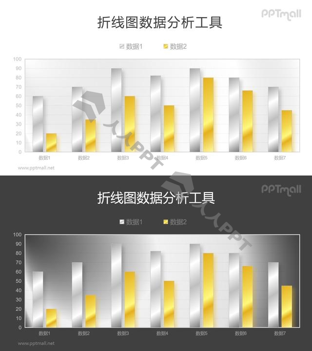 金银配色的柱状图PPT素材长图