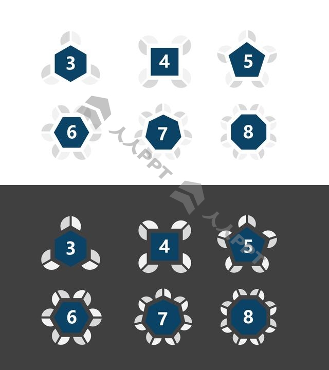 6组蓝灰色花瓣拼图并列关系逻辑图PPT模板长图