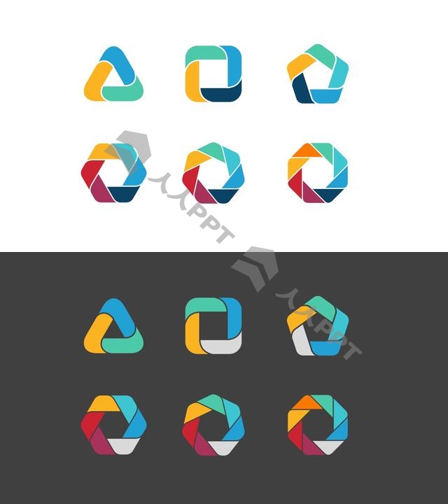 6组彩色拼图组成多边形并列关系关系逻辑图PPT模板长图