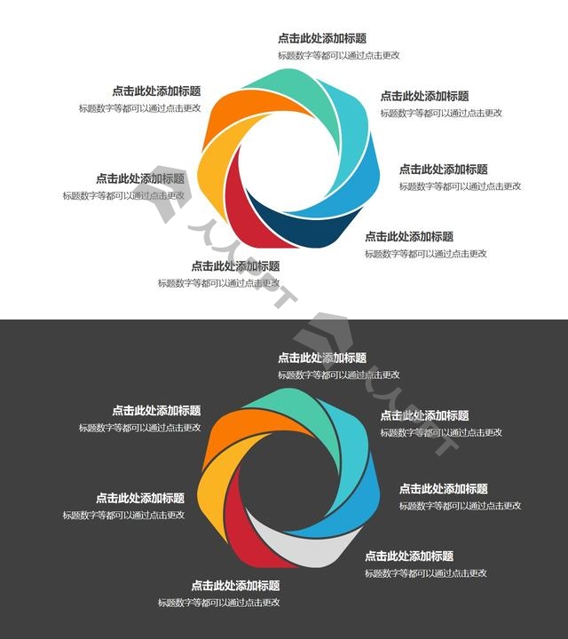 7部分彩色拼图组成的花瓣循环关系逻辑图PPT模板长图