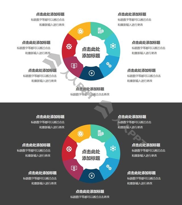 7部分组成的饼图循环关系逻辑图PPT模板长图