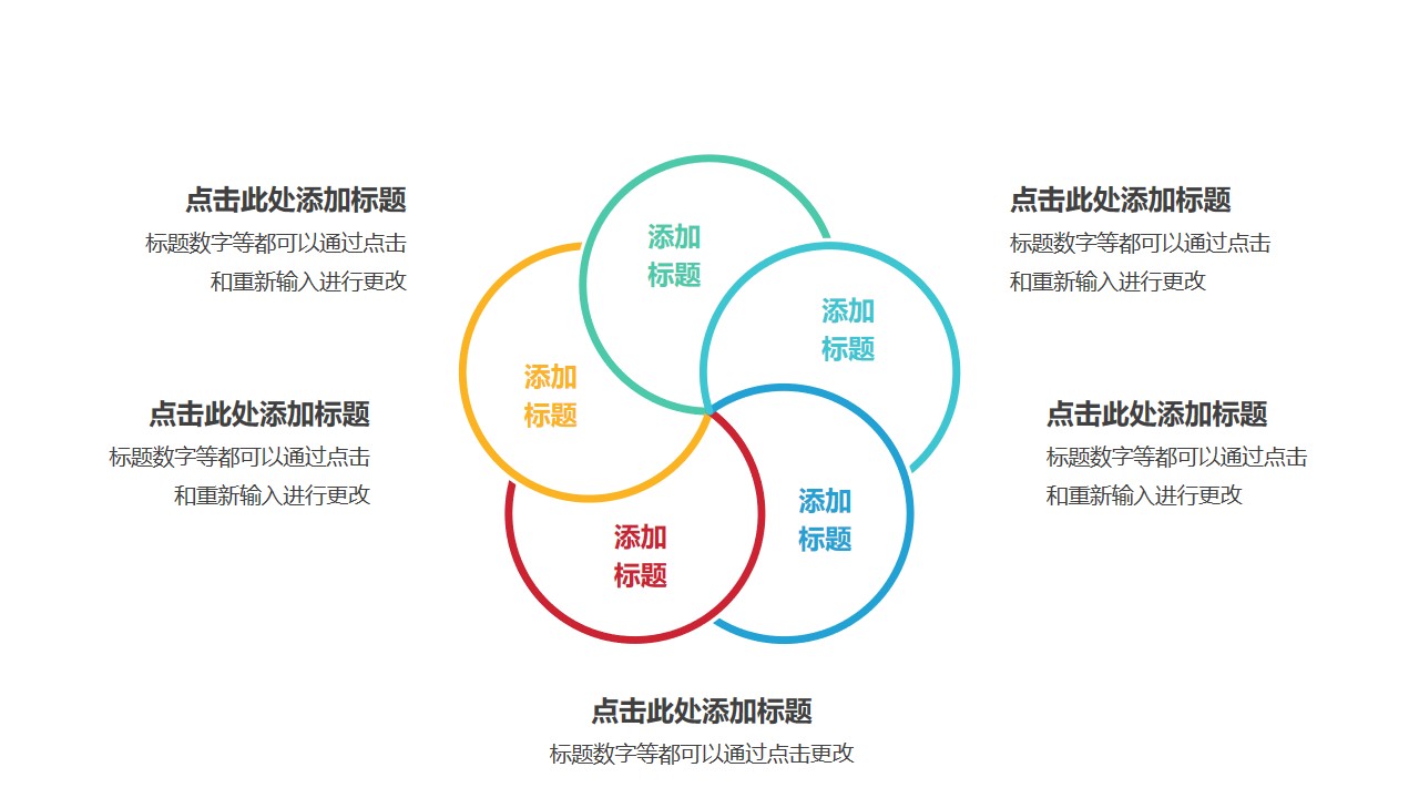 5个彩色圆形组成的花瓣图案循环关系逻辑图PPT模板