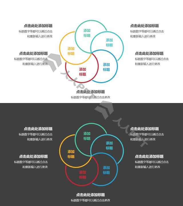 5个彩色圆形组成的花瓣图案循环关系逻辑图PPT模板长图