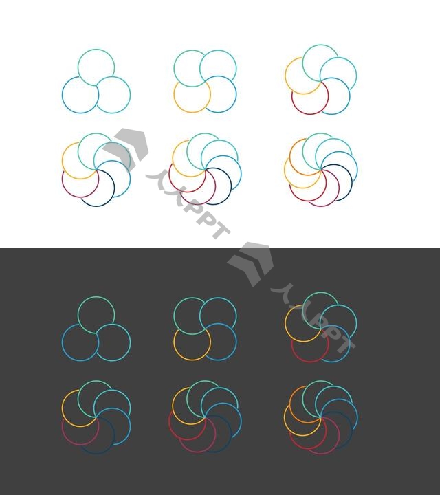 6组彩色花瓣状的圆形拼图循环关系逻辑图PPT模板长图