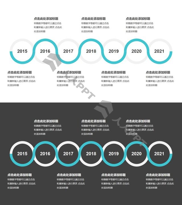 绿色线条组成的7个圆形时间轴递进关系逻辑图PPT模板长图