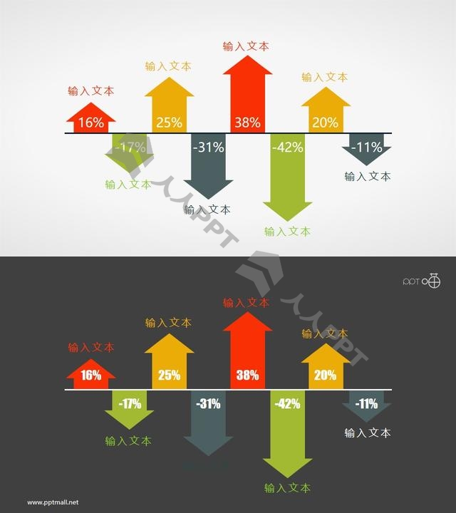 带箭头的上升下跌柱状图ppt素材模板长图